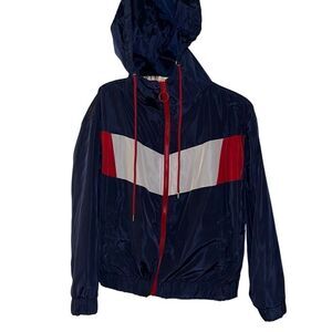 Red, white, Navy Colorblock Full Zip Hooded Windbreaker Jacket Unisex Small